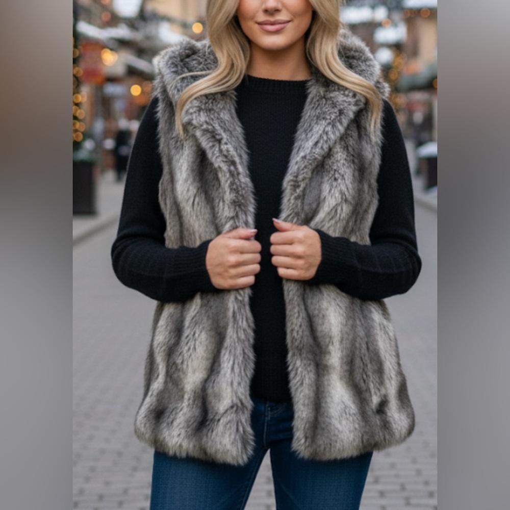 Kristen Blake Womenโs Medium Reversible Faux Fur Quilted Vest Brown Chinchilla